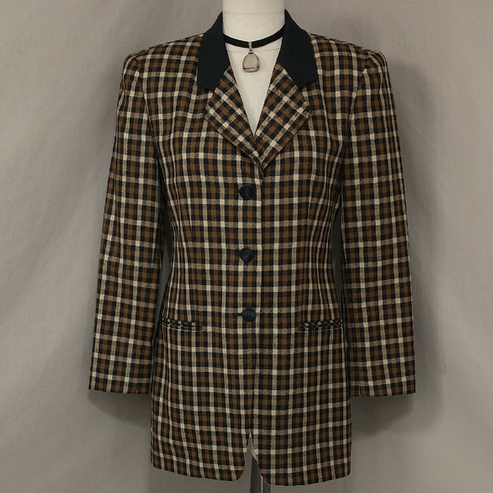 Plaid Blazer Tailored Long Length w Shoulder Pads 90s Oversized Quality SeeMeasu